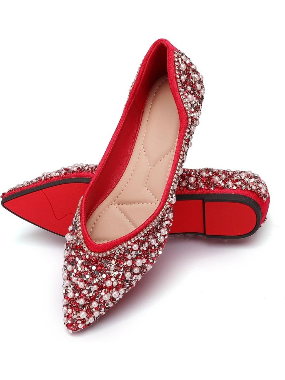 〽️Women's Red Rhinestone Flats Pointed Toe Pearl Diamond Low Heel Ballet Shoes